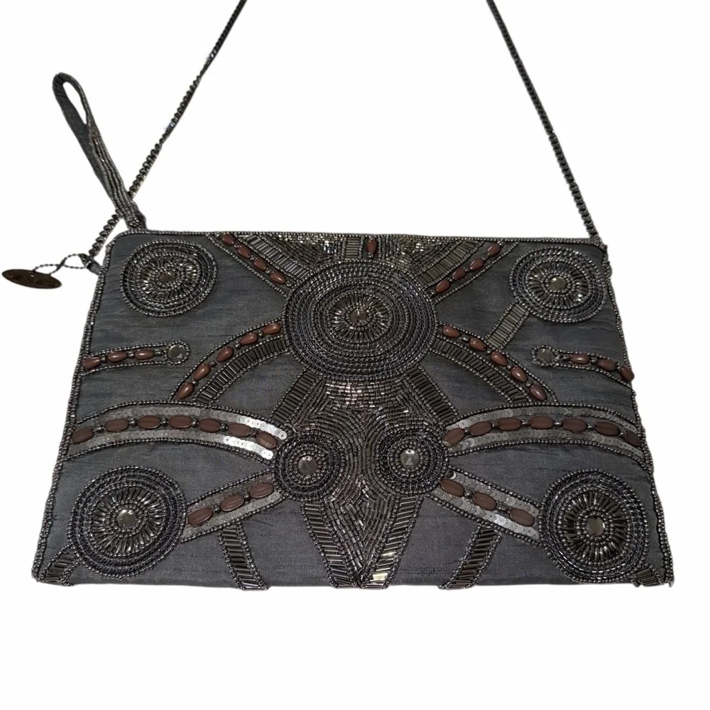 Vintage Mary Frances Gray Beaded Clutch crossbody with brown bead accents India
